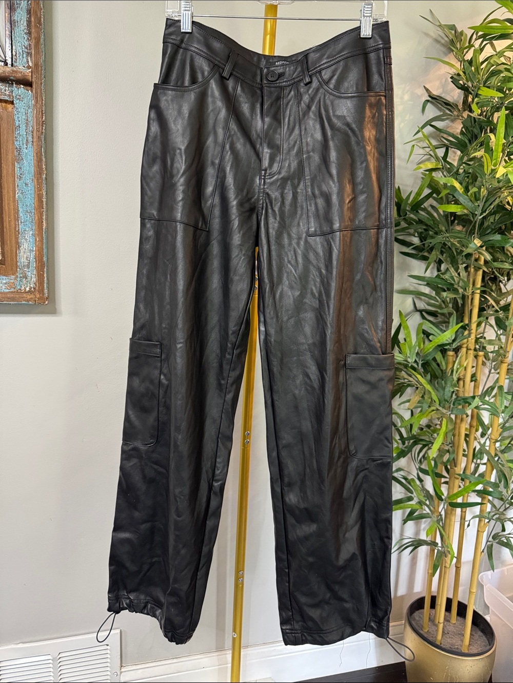 Redfix Black Faux Leather Cargo Pants with Utility Pockets L